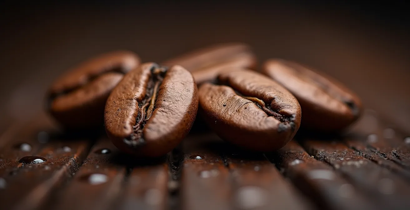 Détail macro de grains de café montrant les textures et huiles de surface