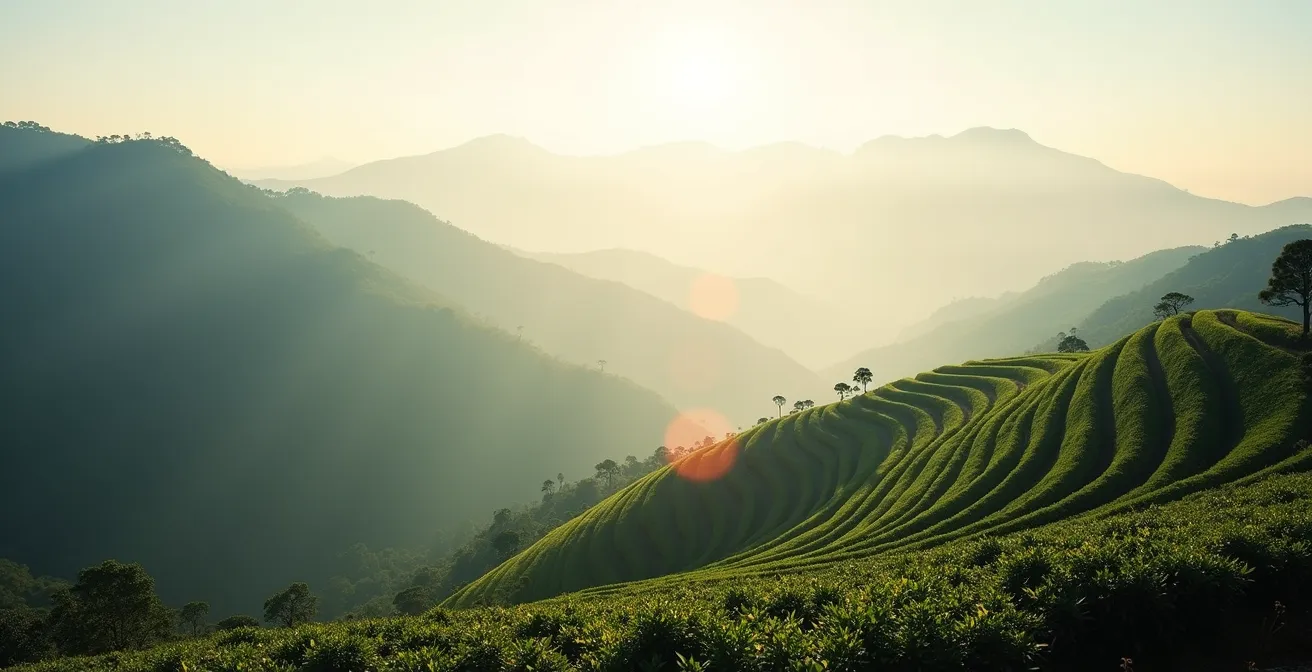 Terrasses de caféiers en haute altitude avec brume matinale